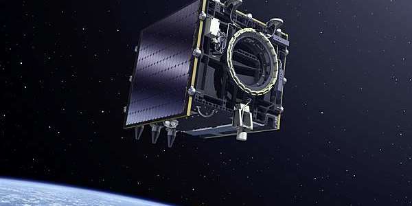 The European Space Agency's Proba-V minisatellite suspended in space.