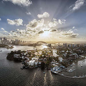 Aeriall view of Sydney Harbour at sunset